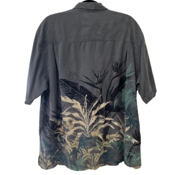 TOMMY BAHAMA Mens XL Silk Button Up Shirt Gray w/ Tropical Plants Short Sleeves - Picture 2 of 4